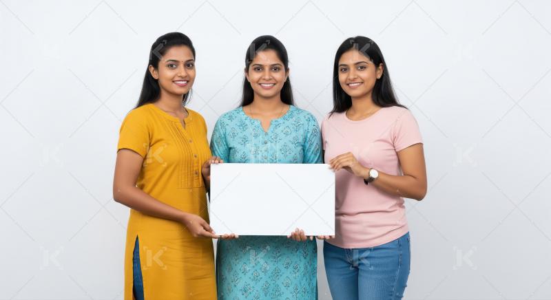 Young beautiful indian woman holding white blank billboard
