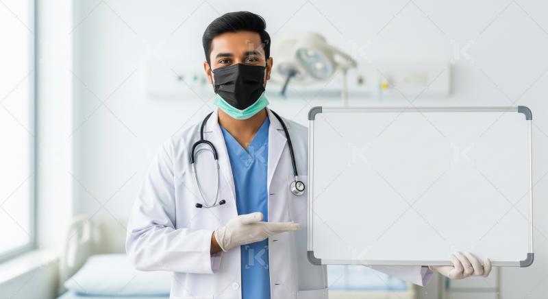 Young indian male doctor pointing on clip board