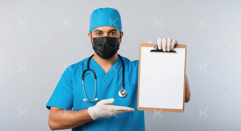 Young indian male doctor pointing on clip board