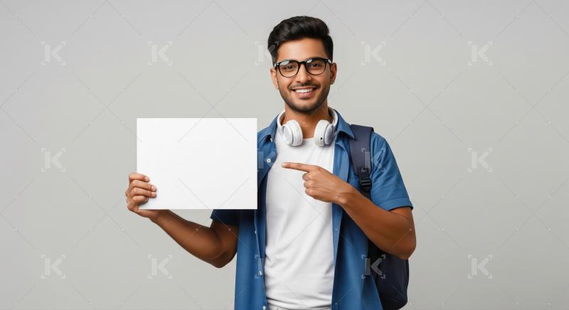 Young indian man holding white blank billboard