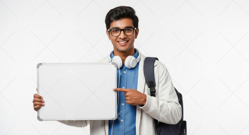 Young indian man holding white blank billboard