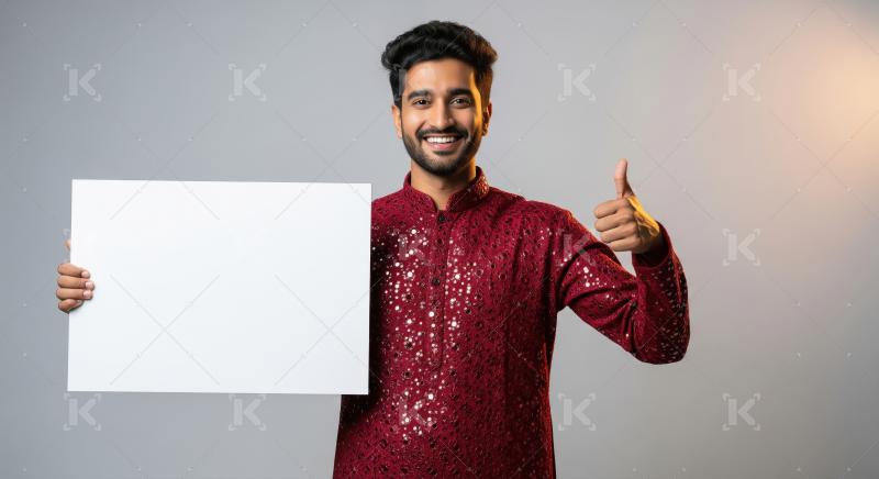 Young indian man holding white blank billboard