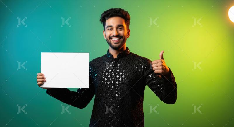 Young indian man holding white blank billboard