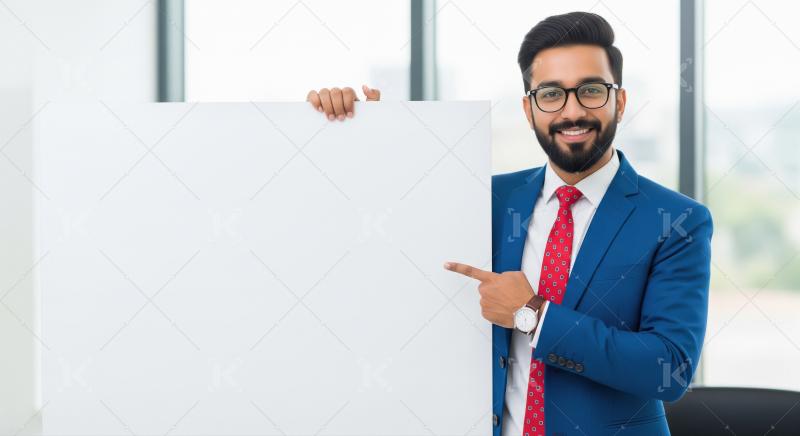 Young indian man holding white blank billboard
