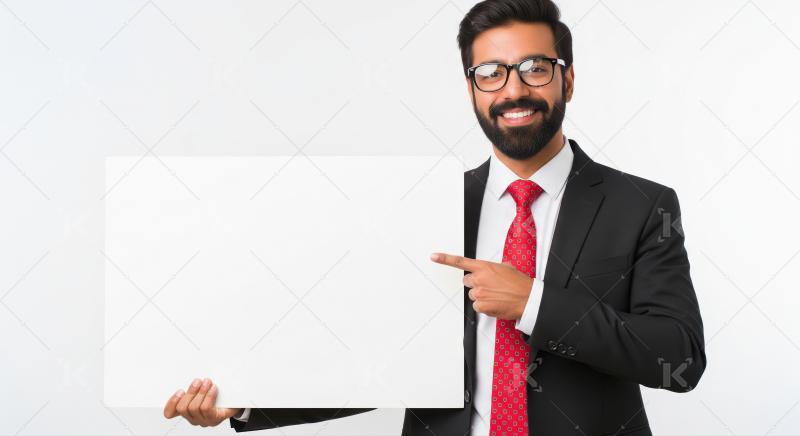 Young indian man holding white blank billboard