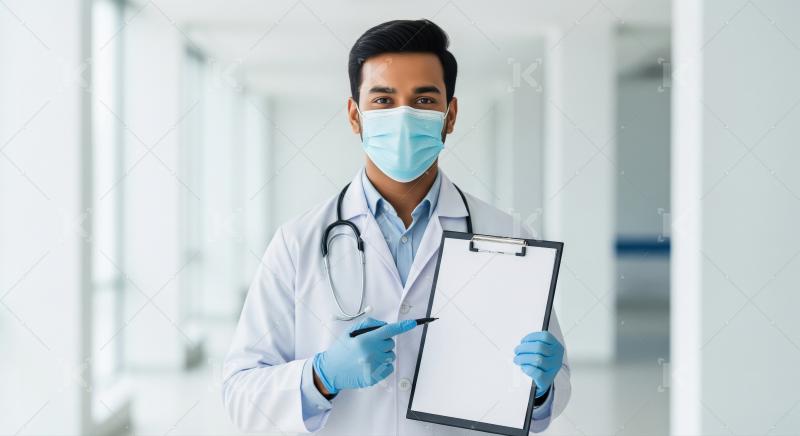 Young indian male doctor pointing on clip board