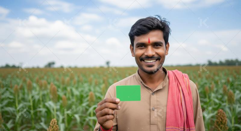 Happy indian farmer holding credit card