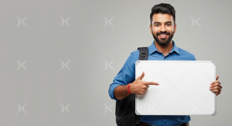 Young indian man holding white blank billboard