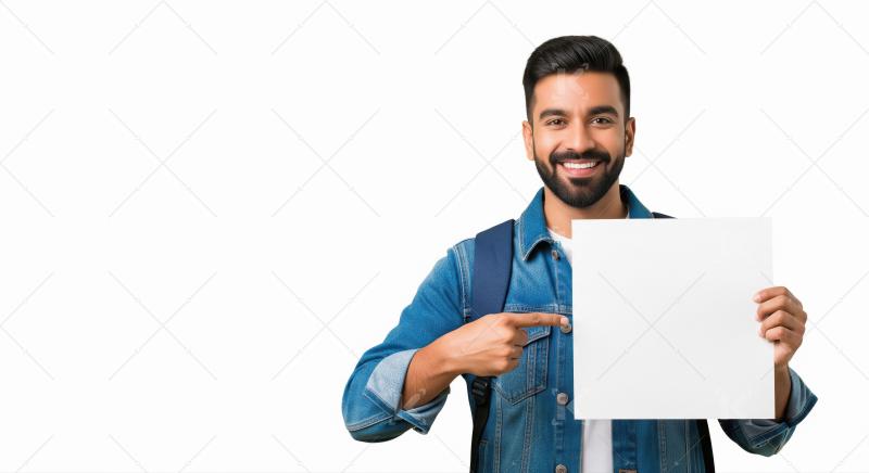 Young indian man holding white blank billboard