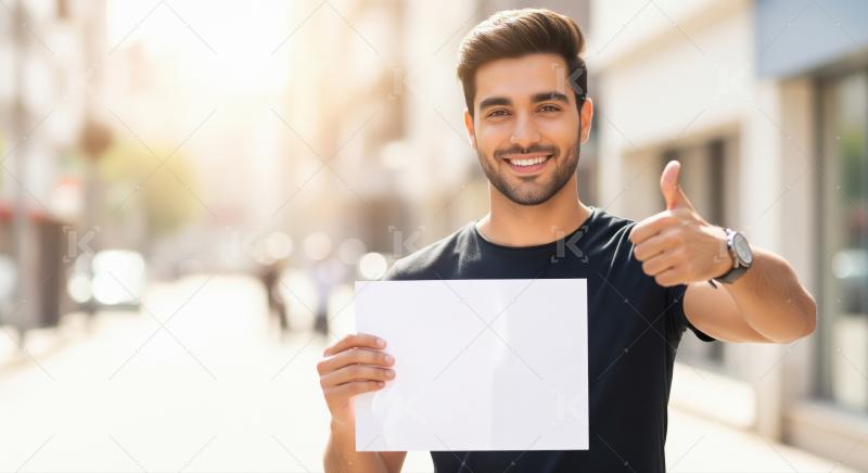 Young indian man holding white blank billboard