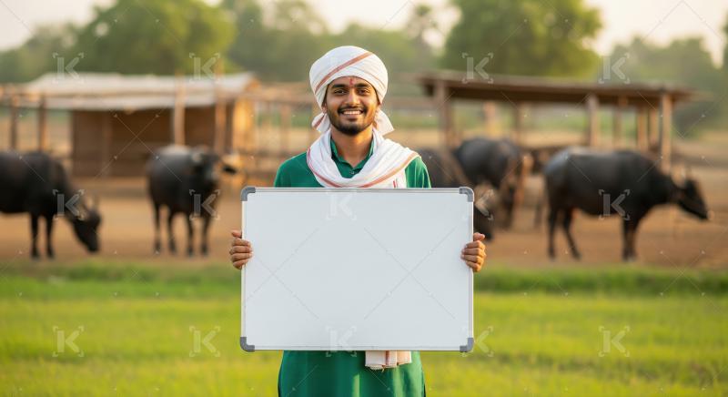 Young indian man holding white blank billboard