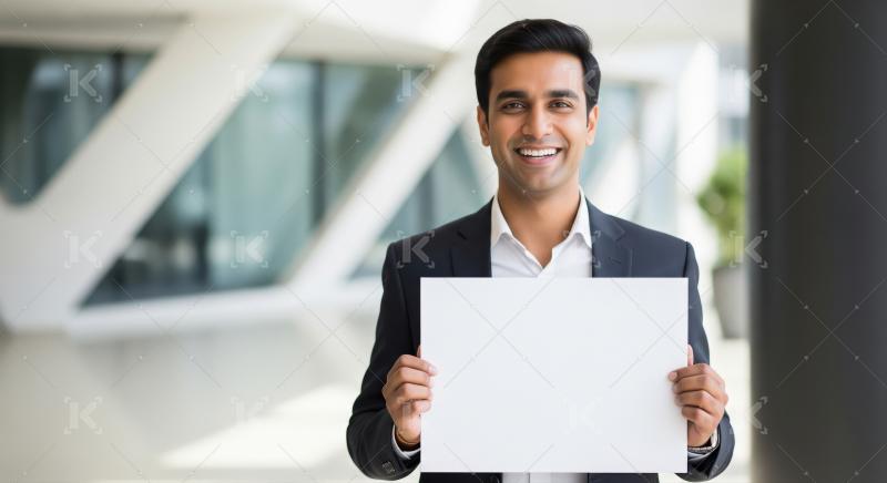 Young indian man holding white blank billboard