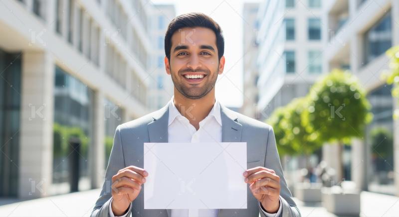 Young indian man holding white blank billboard