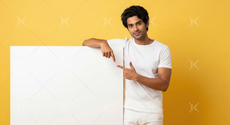 Young indian man holding white blank billboard