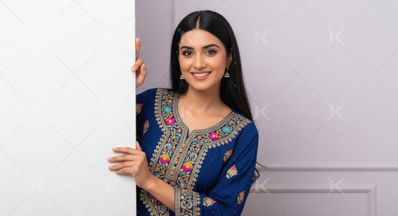 A young Indian woman in a blue embroidered ethnic dress stands g