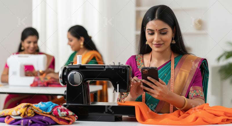 A group of Indian women in traditional attire work at sewing mac