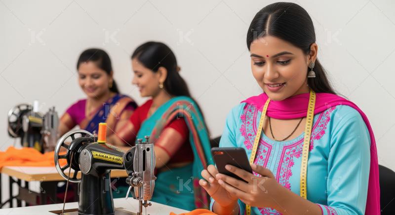 A group of Indian women in traditional attire work at sewing mac
