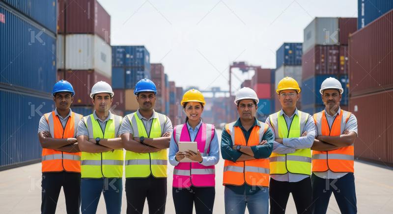 A team of port logistics professionals in safety vests and hard