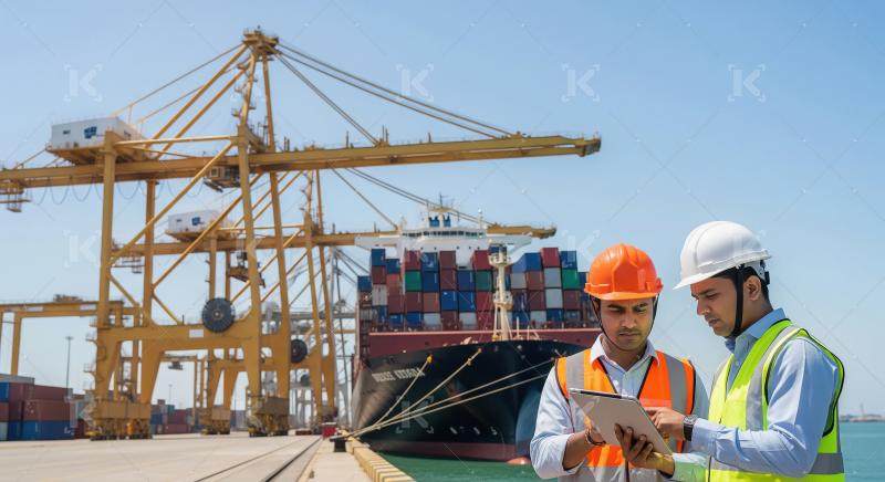 Two port supervisors in safety vests and hard hats use a tablet