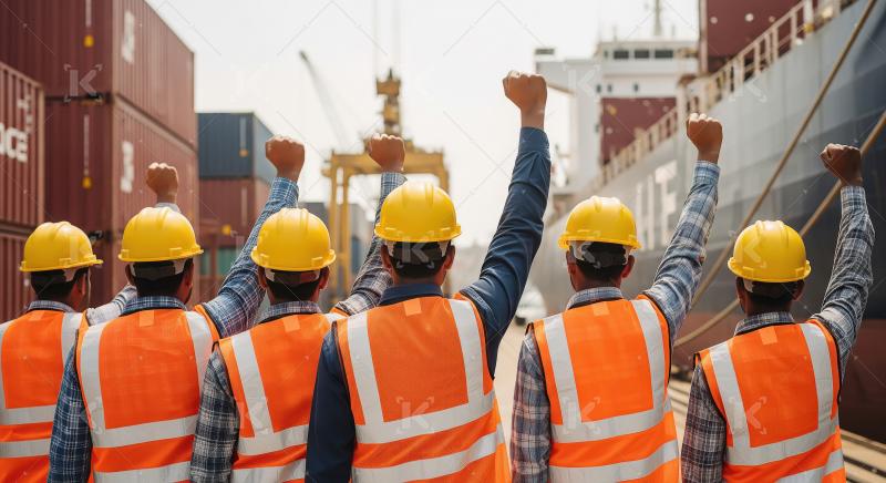 A group of industrial workers in safety vests and yellow helmets