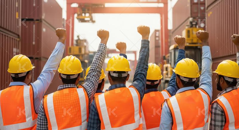 A group of industrial workers in safety vests and yellow helmets