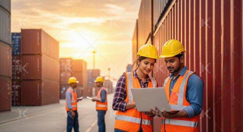 Two industrial workers in safety vests and hard hats collaborate