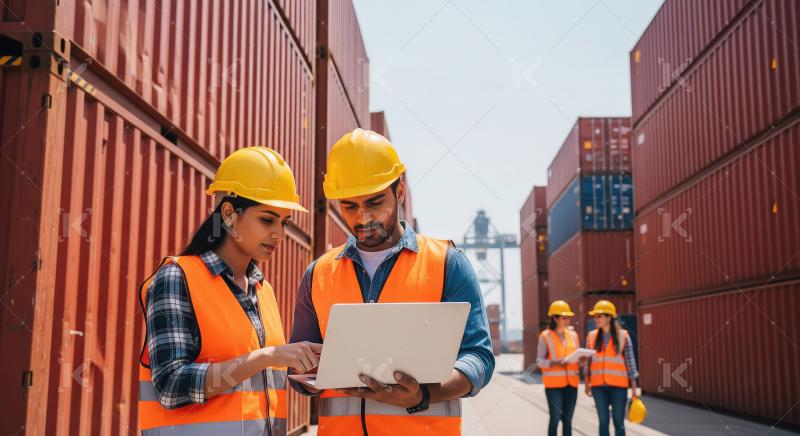 Two industrial workers in safety vests and hard hats collaborate