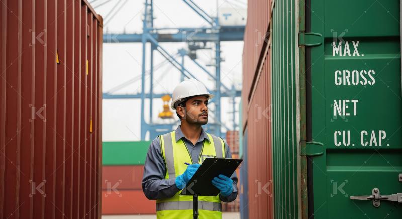 A logistics worker inspects shipping containers at a busy port,