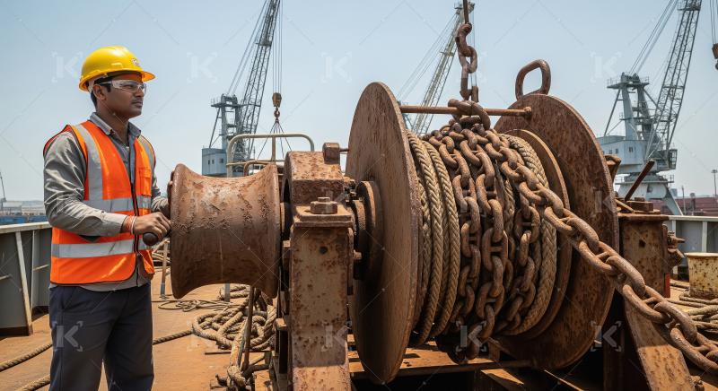 Maritime worker in hard hat and orange vest operates a large win