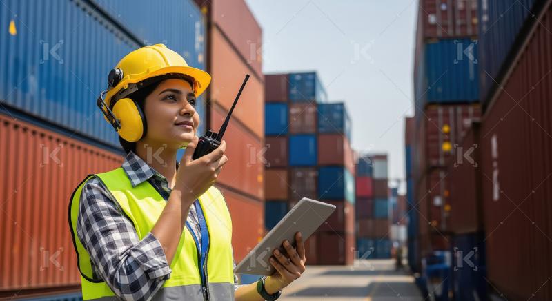 A female logistics supervisor uses a walkie-talkie and tablet to