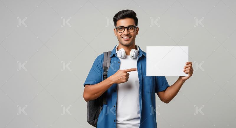 A young man in a blue shirt with headphones and a backpack confi