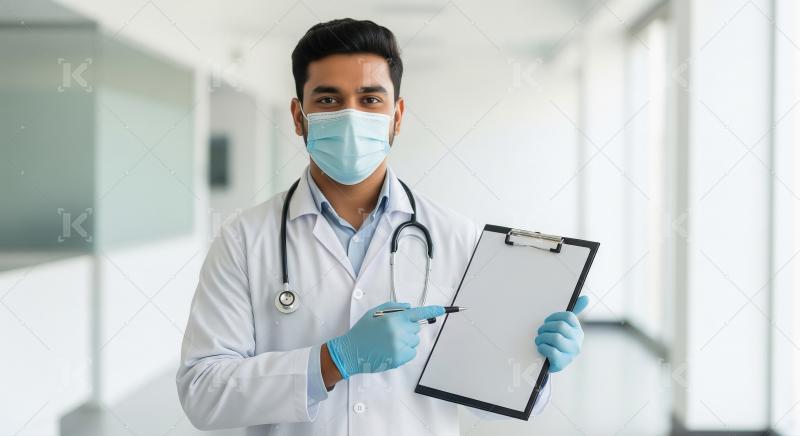 Young Indian male doctor in a white coat and stethoscope holds o