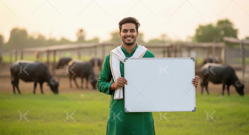 Indian farmer in green traditional attire and scarf stands in a