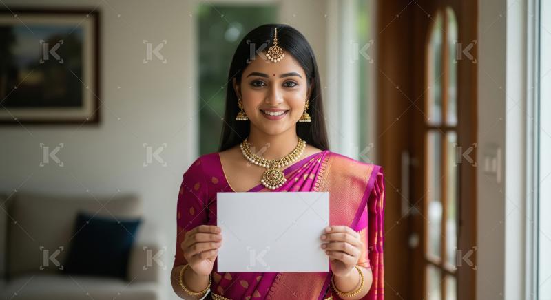 Indian woman in a pink saree and gold jewelry stands indoors, ho