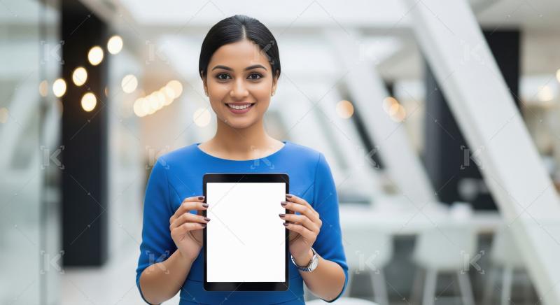 A confident woman holds a blank-screen tablet in a bright, moder