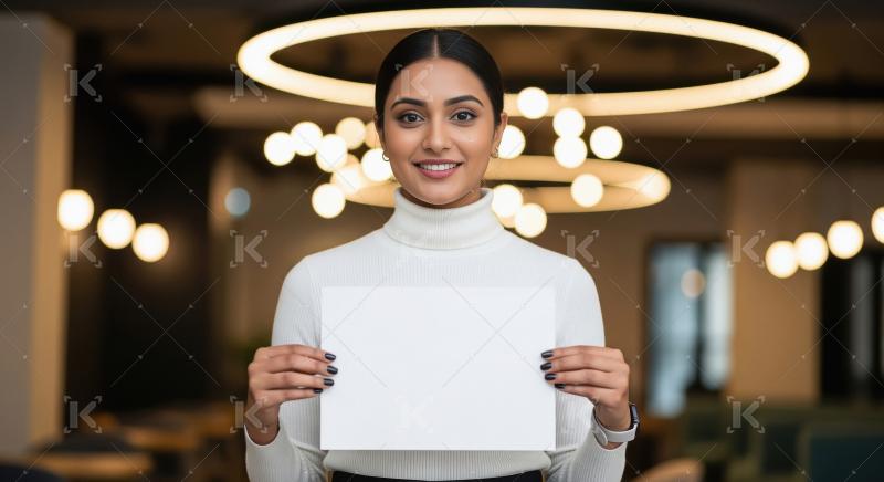 A confident woman holds a blank-screen tablet in a bright, moder