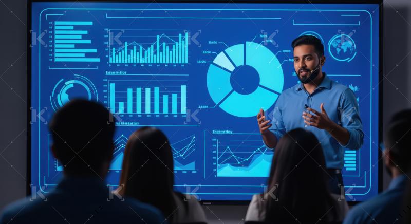 A young businessman gives a presentation to a team, explaining d