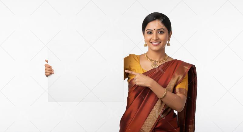 Indian woman in a pink saree and gold jewelry stands indoors, ho