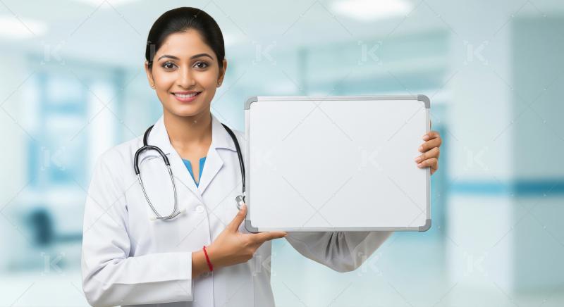 A female doctor in a white coat and stethoscope standing and con