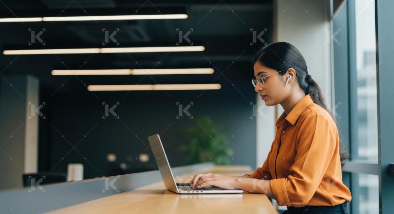 A young professional woman in an orange shirt works intently on