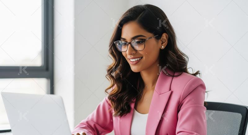 Indian businesswoman in a pink blazer works on her laptop at a b