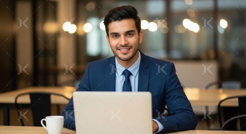 A confident young Indian businessman in a blue suit sits in a mo