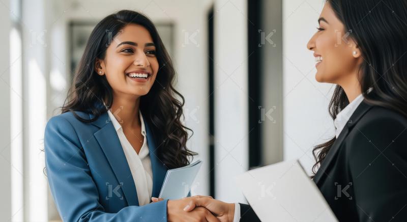 Two professional Indian businesswomen in formal attire shake han