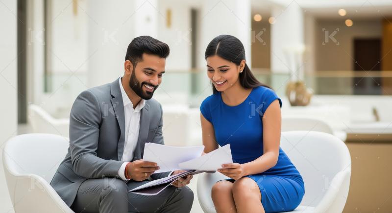 A professionally dressed man and woman review and discuss paperw