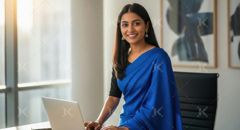 Young indian woman in saree using laptop at office