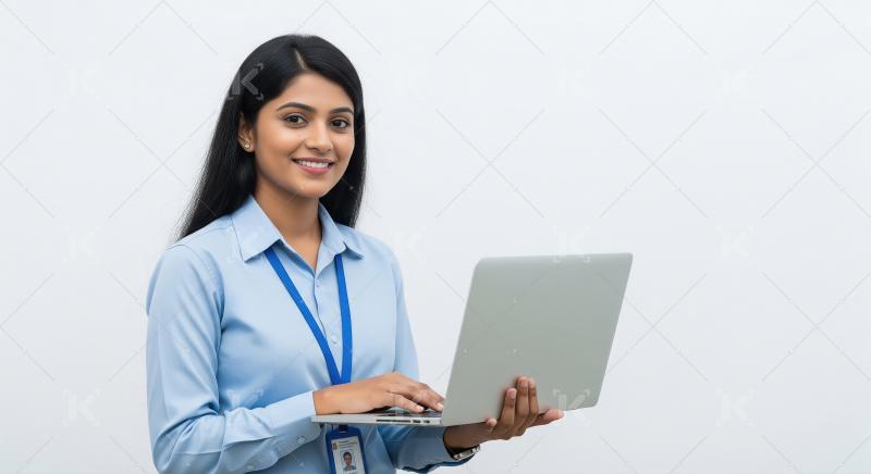 Indian woman in a light blue formal shirt with an ID badge works