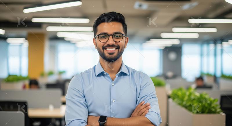 Young businessman or corporate employee standing confidently