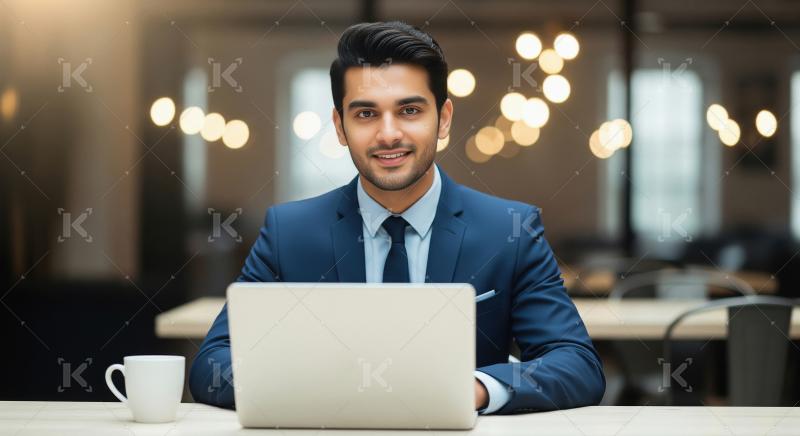 A confident young Indian businessman in a blue suit sits in a mo