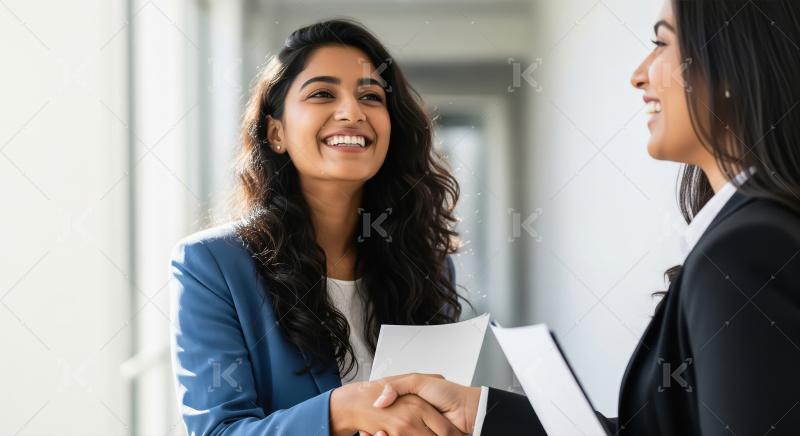 Two professional Indian businesswomen in formal attire shake han