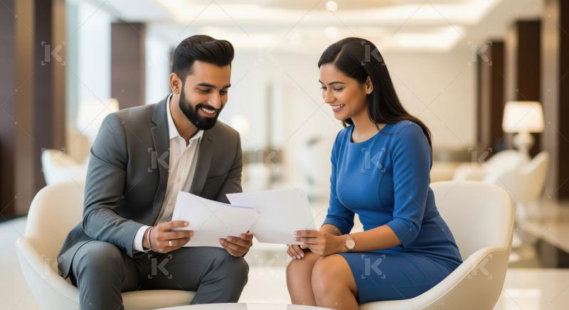A professionally dressed man and woman sit together in a modern